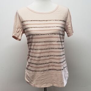 LOFT Top Blush Pink Striped Sequin Embellished Short Sleeve Tee Size M Cotton